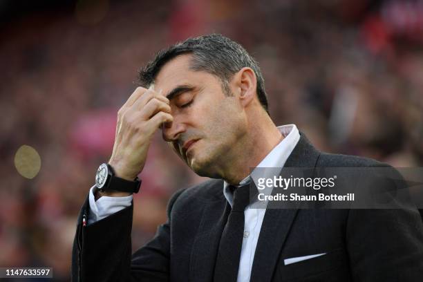 Ernesto Valverde, Manager of Barcelona reacts during the UEFA Champions League Semi Final second leg match between Liverpool and Barcelona at Anfield...