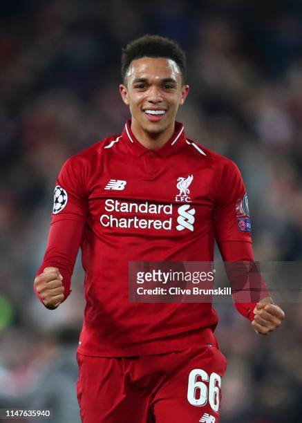 Trent Alexander-Arnold of Liverpool celebrates after the UEFA Champions League Semi Final second leg match between Liverpool and Barcelona at Anfield...
