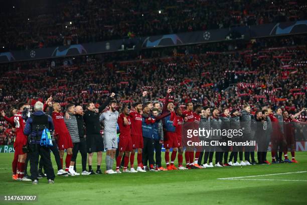 Liverpool players celebrate following their sides victory in the UEFA Champions League Semi Final second leg match between Liverpool and Barcelona at...