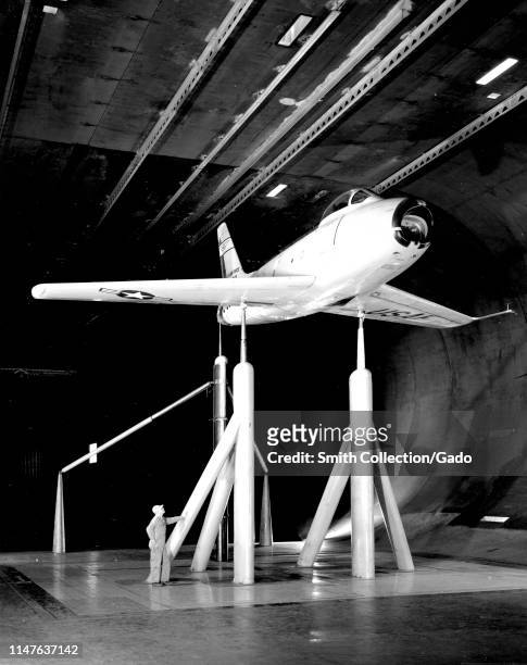 Aircraft mounted in the Full-Scale Wind Tunnel at the NACA Ames Aeronautical Laboratory, Moffett Field, California, 1954. Image courtesy National...