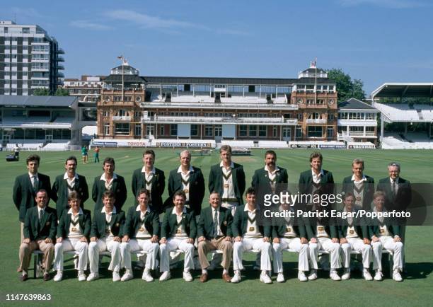 The Australian touring party at Lord's Cricket Ground, London, circa May 1989. Pictured are : Errol Alcott , Trevor Hohns, Tim May, Geoff Lawson,...