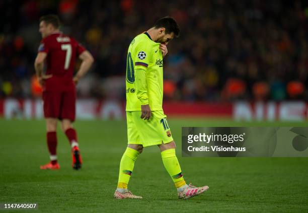 Dejected Lionel Messi of Barcelona during the UEFA Champions League Semi Final second leg match between Liverpool and Barcelona at Anfield on May 7,...