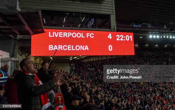 Score board at the end of the UEFA Champions League Semi Final second leg match between Liverpool and Barcelona at Anfield on May 07, 2019 in...