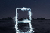3d rendering of blue lighten square shape with glowing clouds on water at night