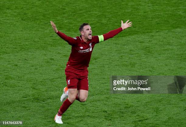 Jordan Henderson of Liverpool celebrates the win at the end of the UEFA Champions League Semi Final second leg match between Liverpool and Barcelona...