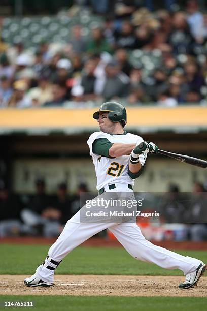 Andy LaRoche of the Oakland Athletics hitting during the game against the Chicago White Sox at the Oakland-Alameda County Coliseum on May 15, 2011 in...