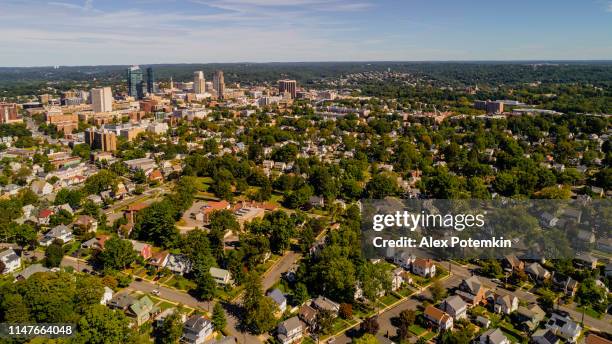 the aerial drone view of the residential district of white plains, the city in westchester county, new york state, usa - westchester county stock pictures, royalty-free photos & images