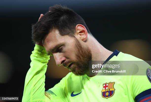 Lionel Messi of Barcelona looks thoughtful during the UEFA Champions League Semi Final second leg match between Liverpool and Barcelona at Anfield on...
