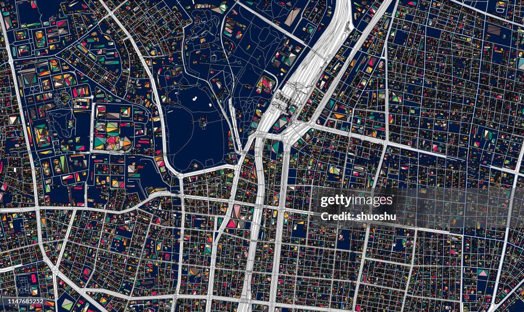 Art illustration map,Tokyo city structure,near ueno park,Japan