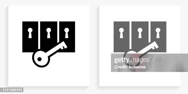 key and locked doors black and white square icon - multiple doors stock illustrations