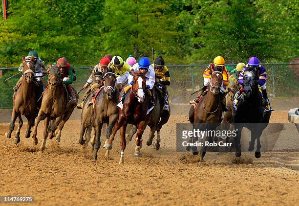 Jockey Jesus Castanon guides Shackleford out of the fourth turn to win the 136th running of the Preakness Stakes at Pimlico Race Course on May 21,...