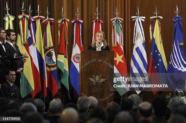 The Secretary General of the Union of South American Nations , Colombian Maria Emma Mejia, delivers a speech during the UNASUR's Defense Council, in...