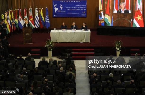 The Secretary General of the Union of South American Nations , Colombian Maria Emma Mejia , delivers a speech during the UNASUR's Defense Council, in...