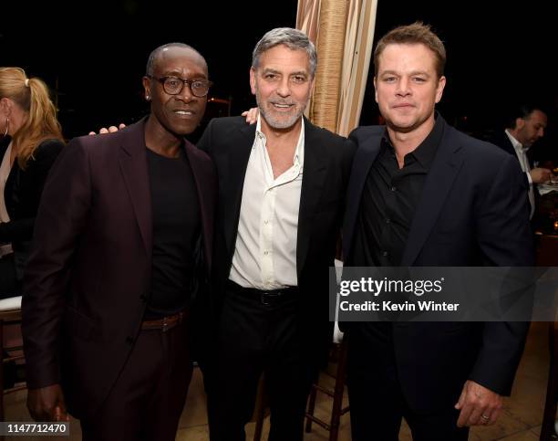 Don Cheadle, George Clooney and Matt Damon pose at the after party for the premiere of Hulu's "Catch-22" at the Sunset Towers on May 07, 2019 in West...