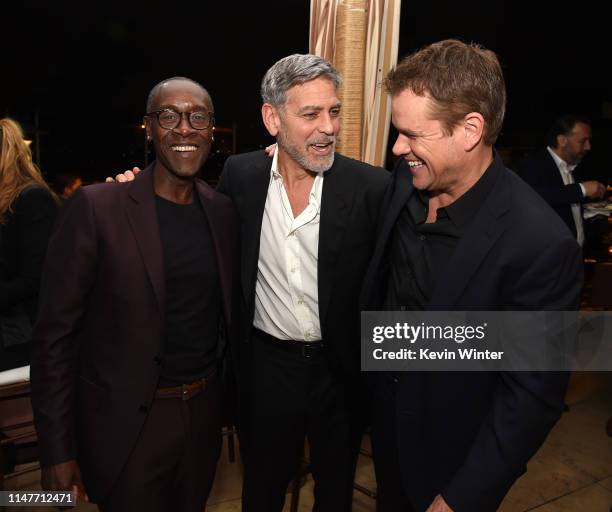 Don Cheadle, George Clooney and Matt Damon pose at the after party for the premiere of Hulu's "Catch-22" at the Sunset Towers on May 07, 2019 in West...