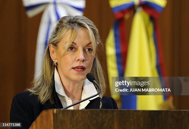 The Secretary General of the Union of South American Nations , Colombian Maria Emma Mejia, delivers a speech during the UNASUR's Defense Council, in...