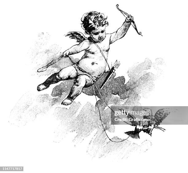 cupid angel with bow and arrow flying with pigeon - angel stock illustrations