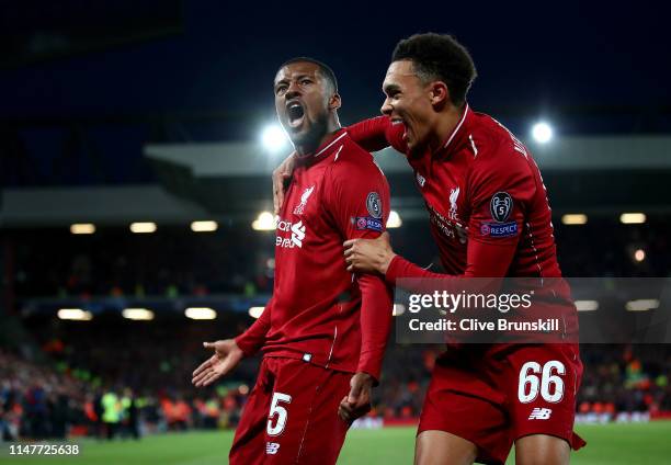 Georginio Wijnaldum of Liverpool celebrates after scoring his team's third goal with Trent Alexander-Arnold during the UEFA Champions League Semi...