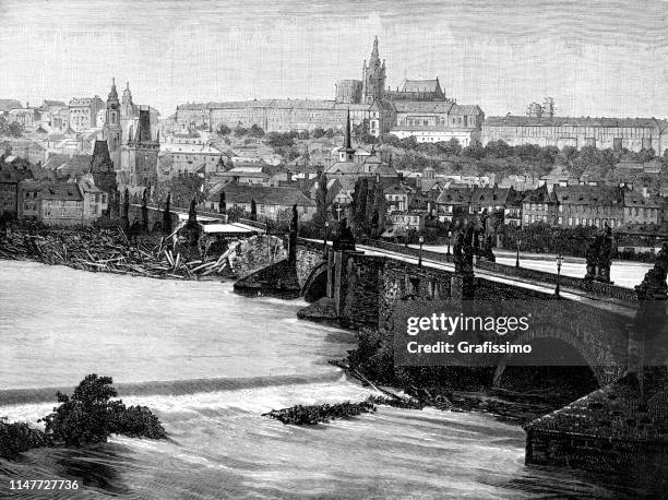 charles bridge in prague damage in 1890 - charles bridge stock illustrations
