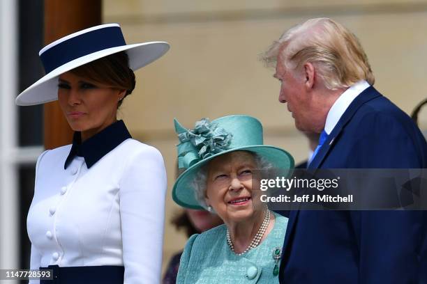 President Donald Trump and First Lady Melania Trump are welcomed by Queen Elizabeth II at Buckingham Palace on June 3, 2019 in London, England....