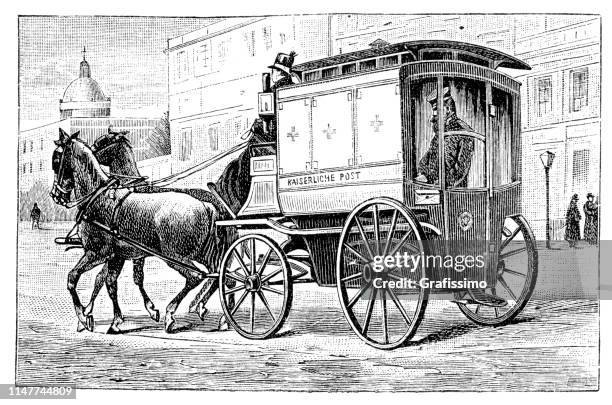 postal worker delivering mail in stagecoach berlin germany 1889 - horse carriage stock illustrations