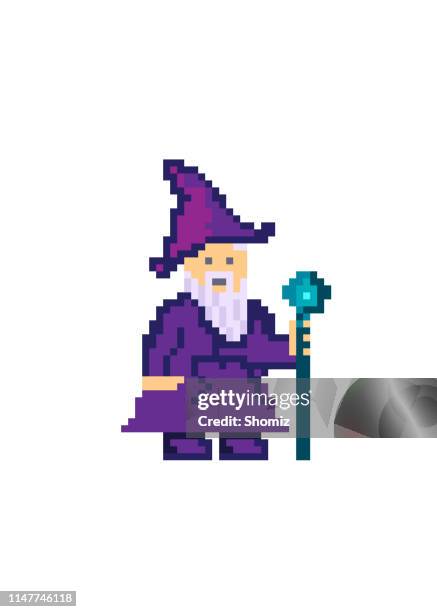stockillustraties, clipart, cartoons en iconen met pixel art oude wizard - pixellated