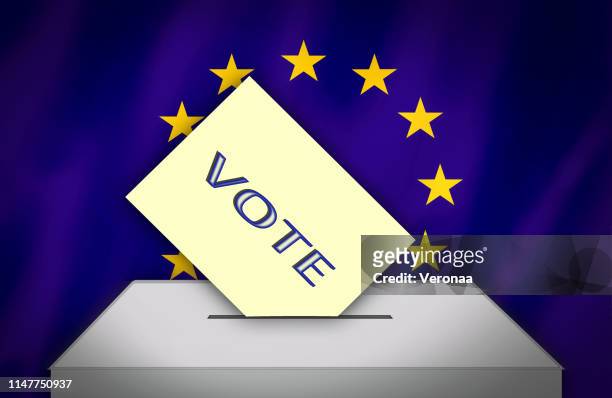 voting ballot and box in front of the european union flag. - kleurenverloop stock illustrations