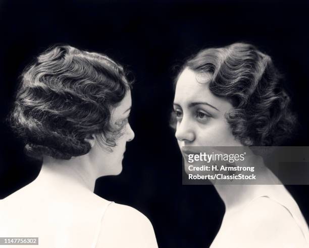 1920s FRONT AND BACK VIEW OF SAME BRUNETTE WOMAN DEMONSTRATING MARCEL WAVE HAIRSTYLE
