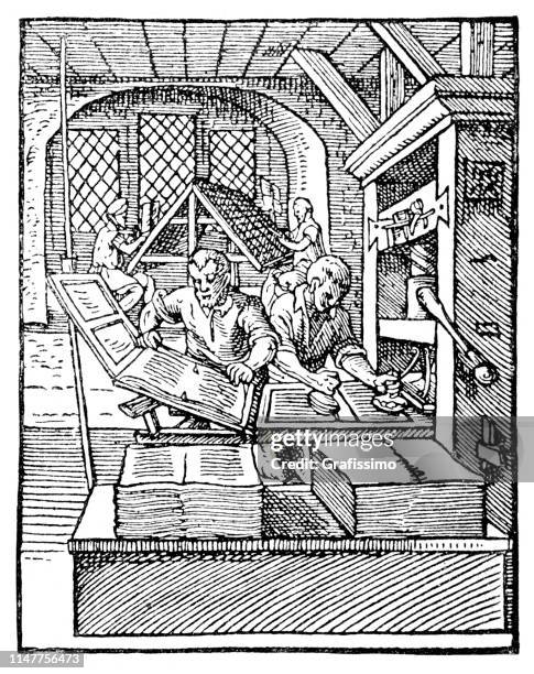 ilustrações de stock, clip art, desenhos animados e ícones de craftsmen working in print shop printing books 16th century - editor