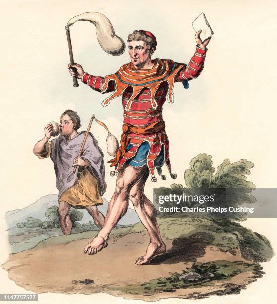 ILLUSTRATION OF TWO STROLLING DANCING FOOLS OR JESTERS ONE WEARING COSTUME WITH BELLS