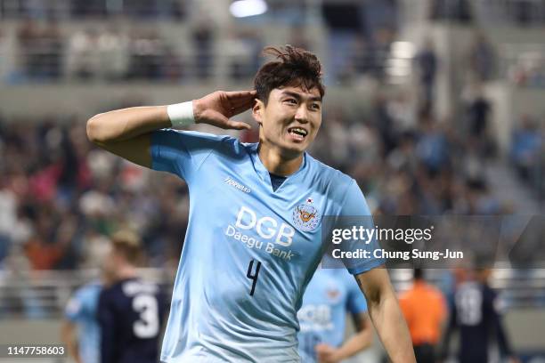 Jeong Tae-wook of Daegu FC celebrates after scoring a second goal during the AFC Champions League Group F match between Daegu FC and Melbourne...