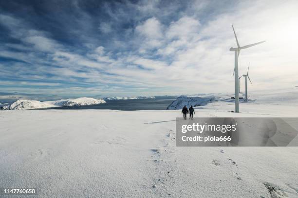 wind power resource in the arctic: engineers at work - arctic stock pictures, royalty-free photos & images