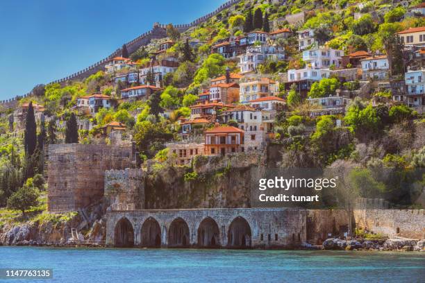 old town of alanya view from sea - antalya stock pictures, royalty-free photos & images
