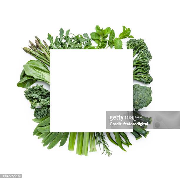green vegetables shot from above with copy space. detox food - leaf vegetable stock pictures, royalty-free photos & images