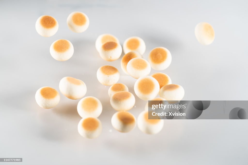 Small bread cookie jump in mid air with white background