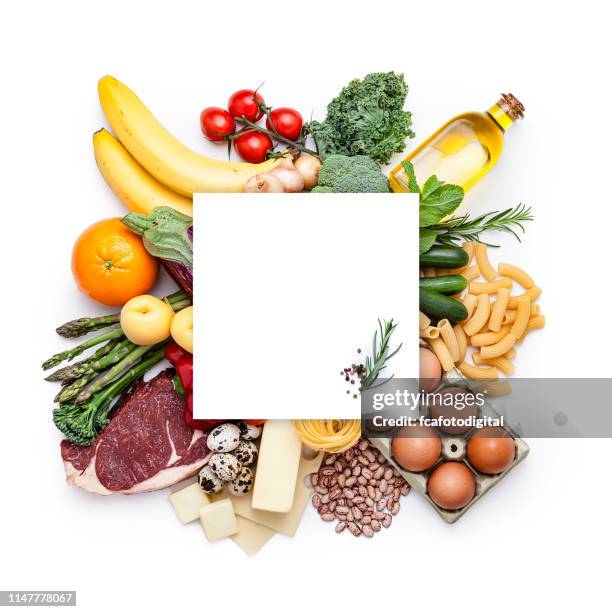 large group of different kind of food shot from above with copy space - food pyramid stock pictures, royalty-free photos & images