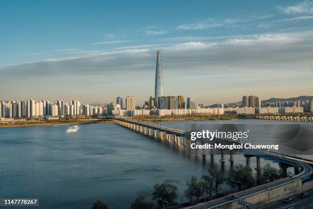 seoul downtown city skyline, aerial view of seoul cityscape at han river bridge with blue sky in seoul city, south korea - river han stock pictures, royalty-free photos & images