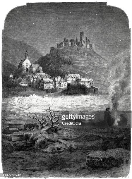 beilstein at the mosel, at the ice course - boat ruins stock illustrations