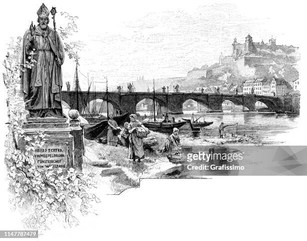 stockillustraties, clipart, cartoons en iconen met oude hoofdbrug brug over rivier leiding in würzburg duitsland 1890 - franconie