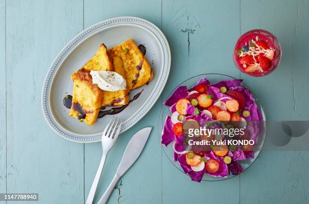 french toast with salad and smoothie - cheese spread stock pictures, royalty-free photos & images