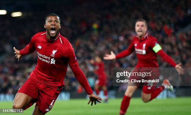 Georginio Wijnaldum of Liverpool celebrates after scoring his team's third goal during the UEFA Champions League Semi Final second leg match between...