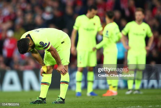 Luis Suarez of Barcelona shows his dejection during the UEFA Champions League Semi Final second leg match between Liverpool and Barcelona at Anfield...