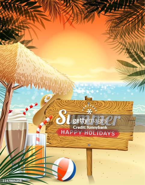 ilustraciones, imágenes clip art, dibujos animados e iconos de stock de mensaje de campamento de verano - bolsa de playa