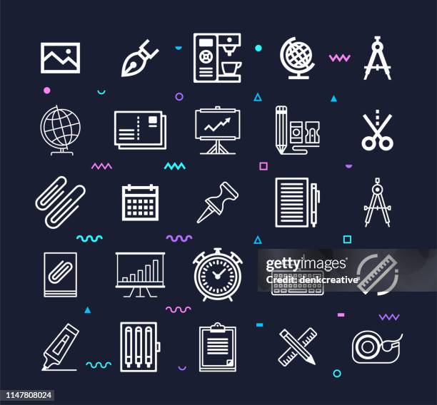 office stationery & supplies line style vector icon set - pencil sharpener stock illustrations