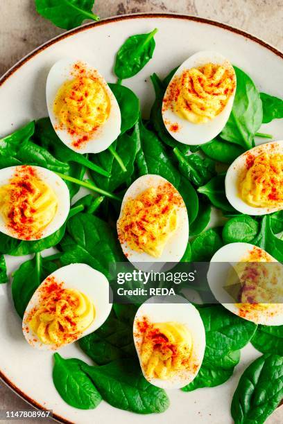 Deviled Eggs with Paprika as an Appetizer. Top view.