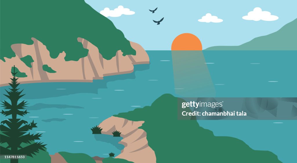 Nature landscape, river, vector background