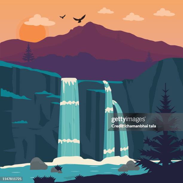 stockillustraties, clipart, cartoons en iconen met zomerlandschap met waterval, bos en wolken - waterval