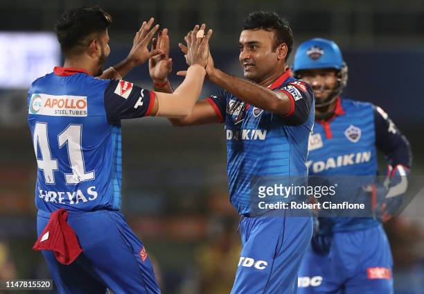 Amit Mishra of the Delhi Capitals celebrates taking the wicket of Martin Guptill of the Sunrisers Hyderabad during the Indian Premier League IPL...