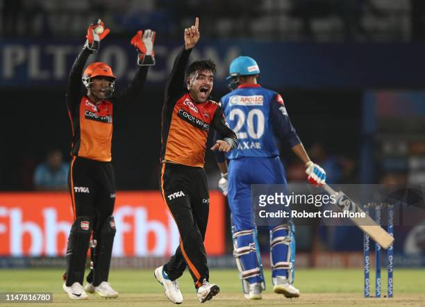 Rashid Khan of the Sunrisers Hyderabad takes the wicket of Axar Patel of the Delhi Capitals during the Indian Premier League IPL Eliminator Final...