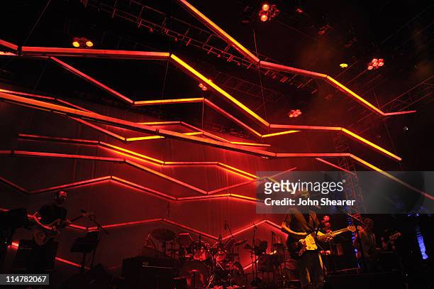 Musicians Nigel Godrich, Joey Waronker, Mauro Refosco, Thom Yorke and Flea of the band Atoms for Peace perform during Day 3 of the Coachella Valley...